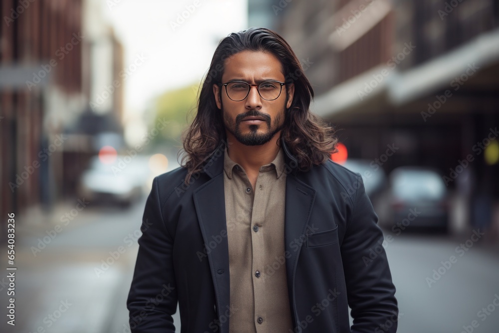 Indian man with long hair and glasses serious angry face portrait on city street Indian man with long hair and glasses serious angry face portrait on city street