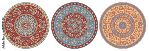 A set of three round decorative plant ornaments. Indian style. Kalamkari. Design of T-shirts, textiles, postcards, invitations, packaging.
