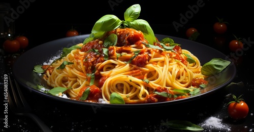 Spaghetti with tomato sauce and basil on black background