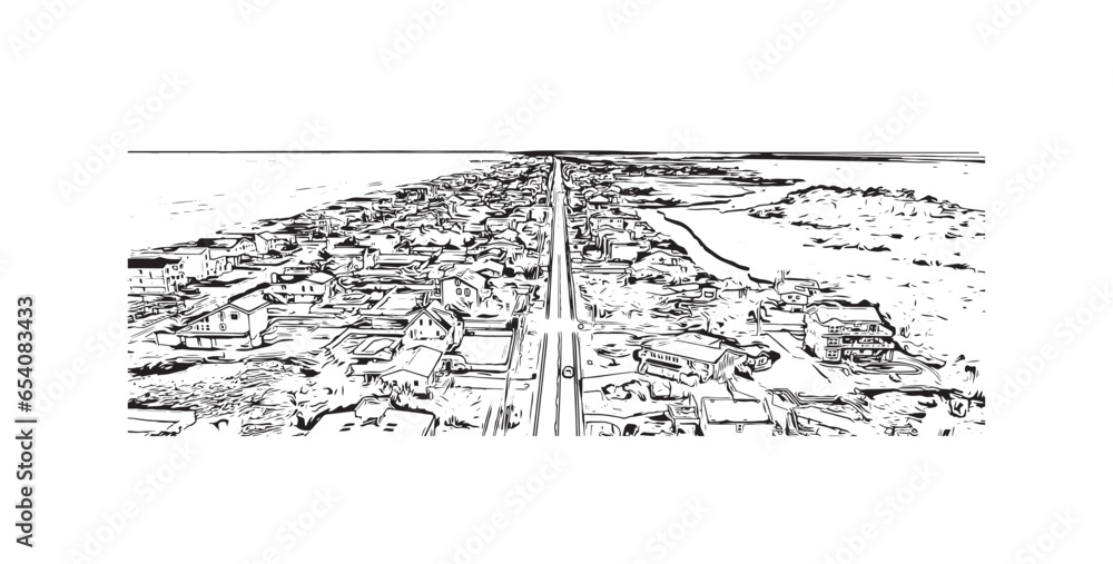 Obraz premium Building view with landmark of Sandbridge is the neighborhood in Virginia. Hand drawn sketch illustration in vector.