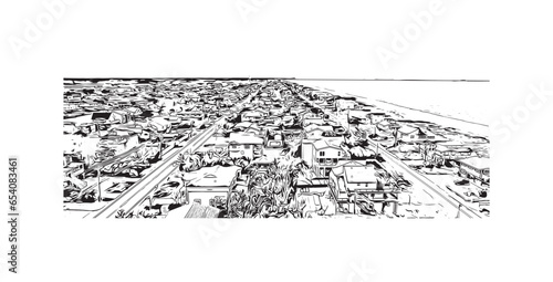 Building view with landmark of Sandbridge is the neighborhood in Virginia. Hand drawn sketch illustration in vector.