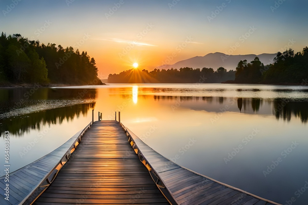 sunset on the lake with a deep forest on side 