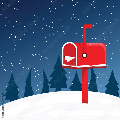 Cartoon Christmas illustration of a red postbox in the snow. Letters for Santa Claus.