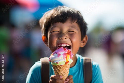 Photo of a joyful young boy savouring a rainbow ice cream cone on a sunny day created with Generative AI technology