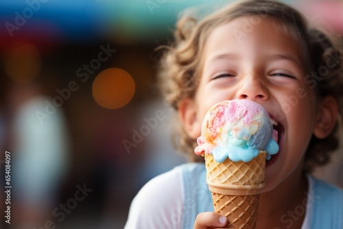 Photo of a young girl enjoying a rainbow ice cream cone on a sunny day created with Generative AI technology