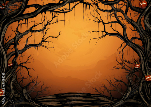 A spooky Halloween scene with pumpkins hanging from the trees photo