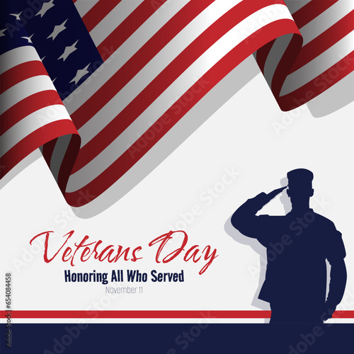 Veterans Day poster with a male soldier saluting and a waving american flag