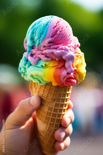 Photo of a hand holding a vibrant and delicious rainbow ice cream cone created with Generative AI technology