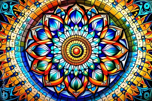 An intricate mandala design with geometric patterns and vibrant colors
