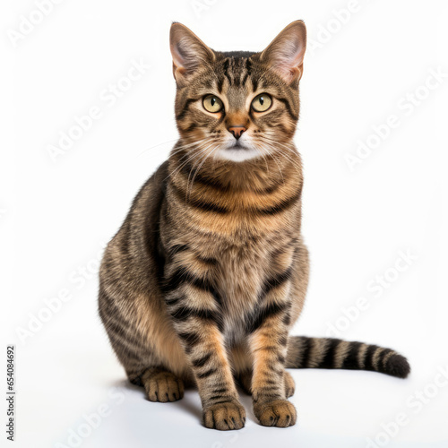 A striped cat sitting on a white surface