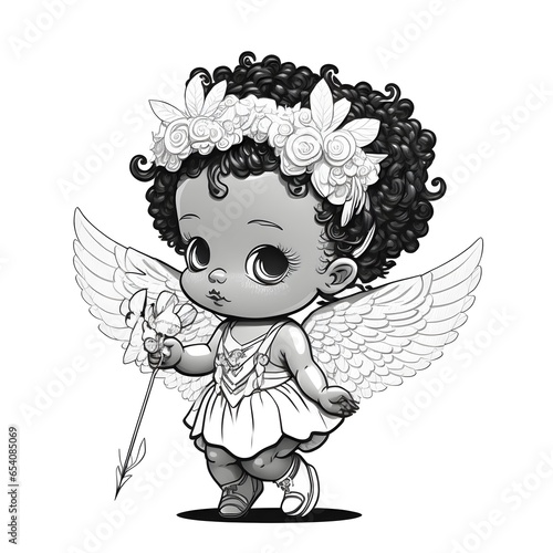 black and whiteimage for coloringpage adorable black baby cupid beautiful portrait full body digital stamp cartoon style character  photo