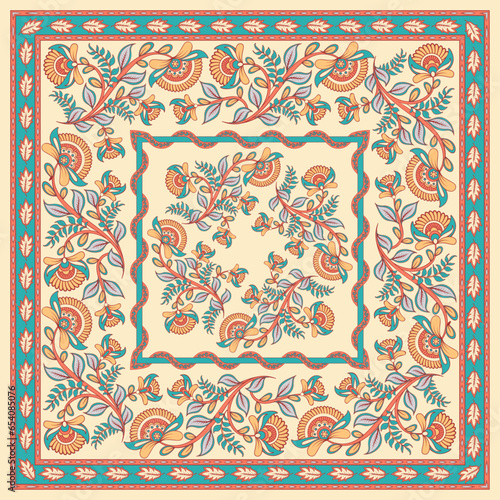 Square decorative design with ornament of flowers and leaves, frames.  Decor for shawls, neck scarves, napkins, home textiles, accessories. Indian style. Kalamkari.