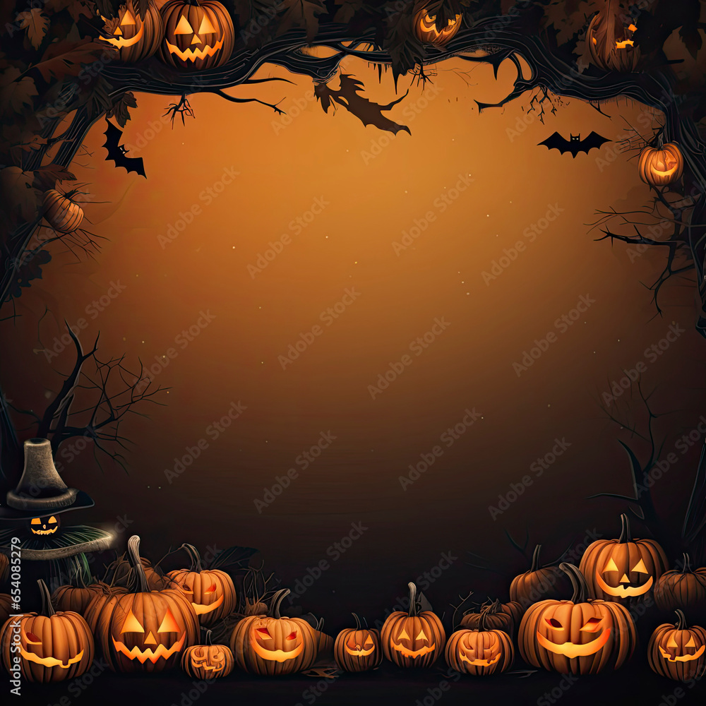 A Halloween scene with pumpkins and a witch's hat A Halloween scene with pumpkins and a witch's hat