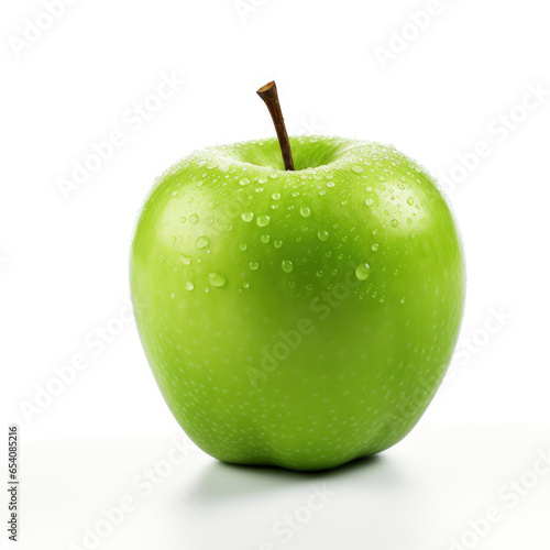 A fresh green apple with glistening water droplets on its surface