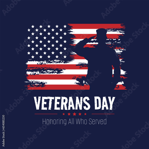 Photography Veterans Day poster with a male soldier saluting with an American flag in the ba