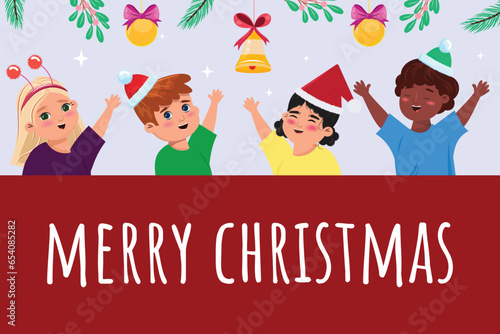 Children of diverse nationalities celebrating Christmas. Banner, card, flyer, background.