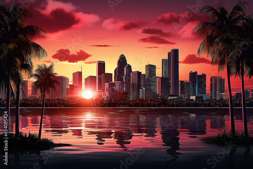 Miami city sunset silhouette on the cityscape © Hornet Graphics