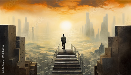 illusion Silhouette of businessman on the top stairs with over cityscape background. Concept of leadership successful achievement with goal, winner, success and growth. Generative AI.