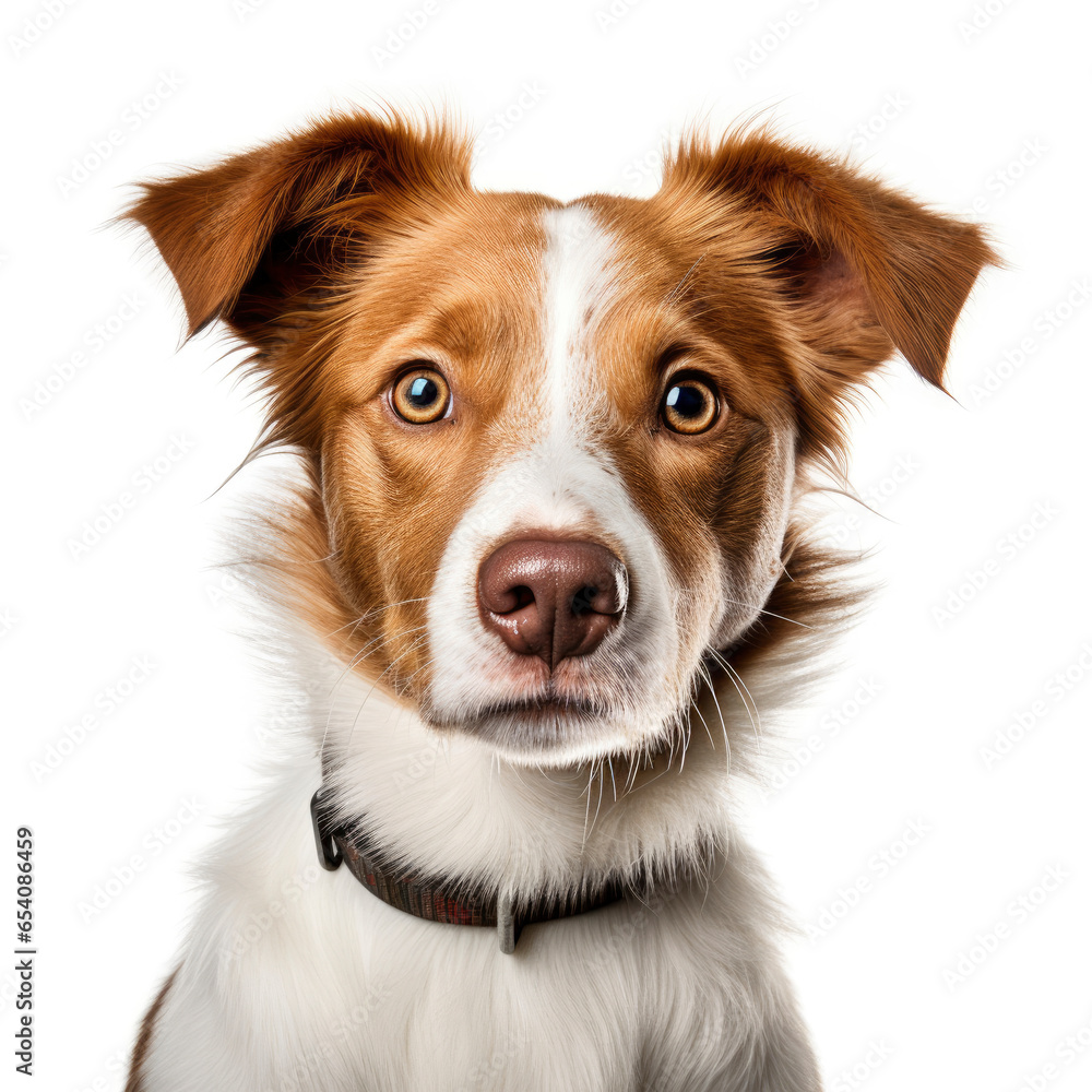 A dog's face close up against a clean white background