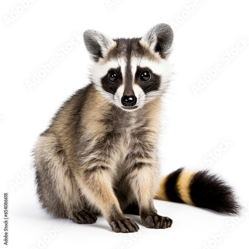 A curious raccoon sitting on a clean white surface
