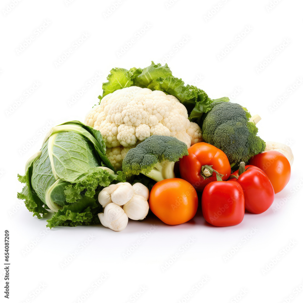 A colorful pile of fresh vegetables including broccoli, cauliflower, and tomatoes A colorful pile of fresh vegetables including broccoli, cauliflower, and tomatoes