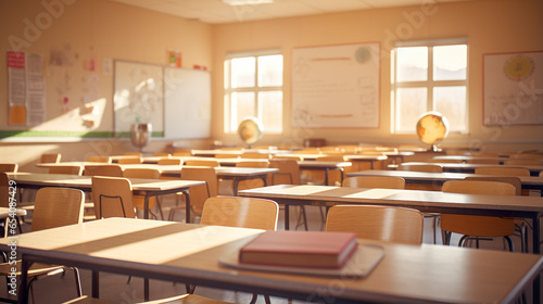 A classroom in the background in a blur effect in a learning environment. Desks line up in the classroom in an artistic composition with a subtle focus. photo