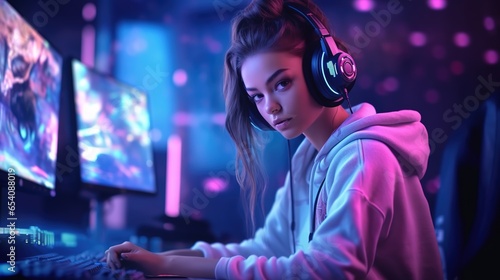 Teenage Girl Wearing Headset Gaming At Home Using Dual Computer Screens ai generative