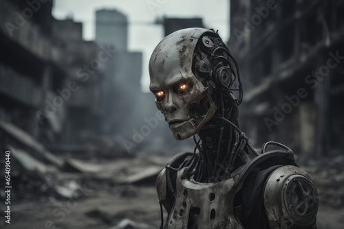 Humanoid android robot in a post apocalypse city