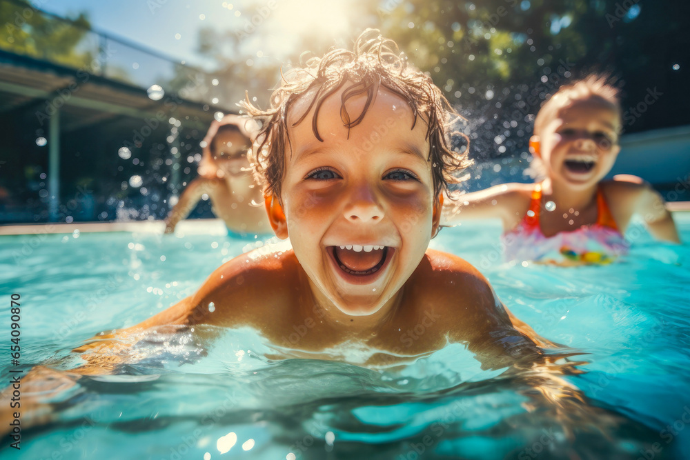 Joyful young children, sharing smiles, water splashes and laughter as they swim together in a public swimming pool, showcasing fun and friendship