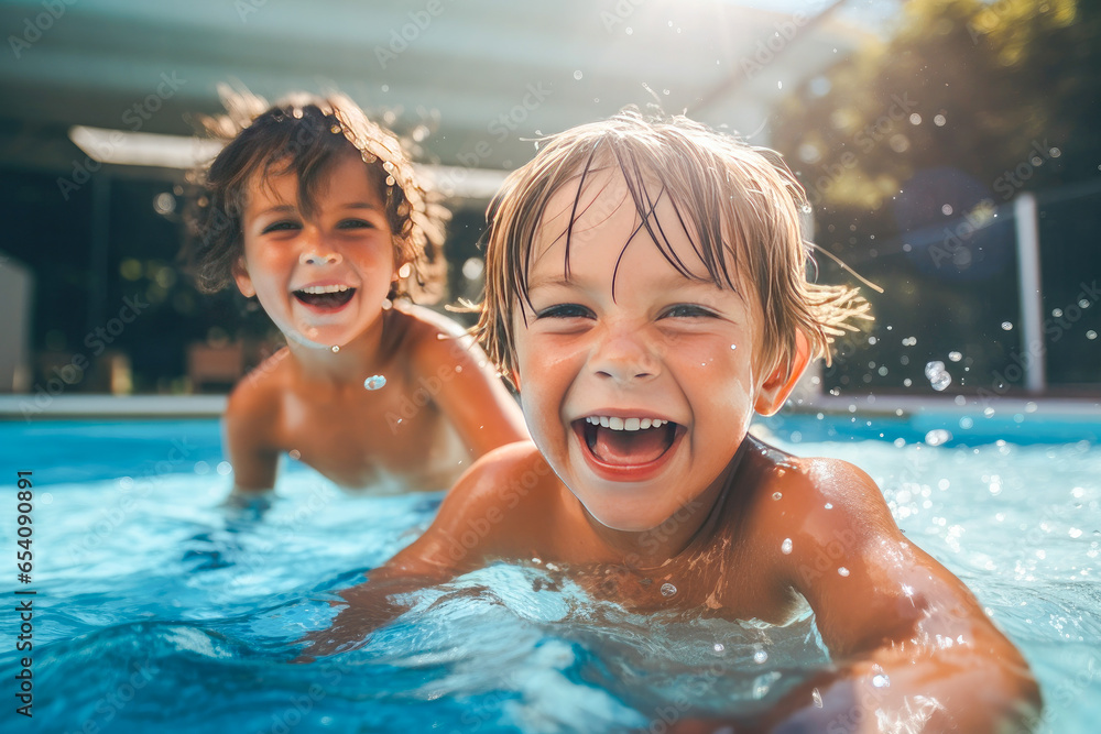 Two joyful young children, sharing smiles, water splashes and laughter as they swim together in a public swimming pool, showcasing fun and friendship