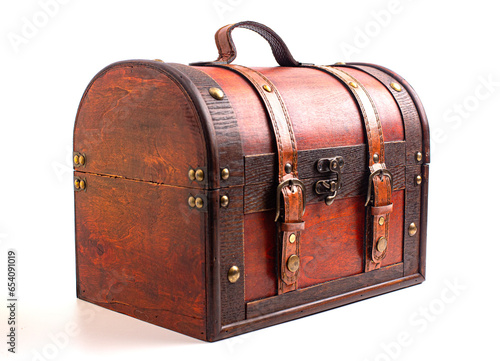 A Closed Wooden and Leather Treasure Chest on a White Background