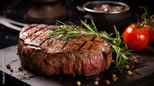 Foto Angus beef steak on wood dish with black background in studio light