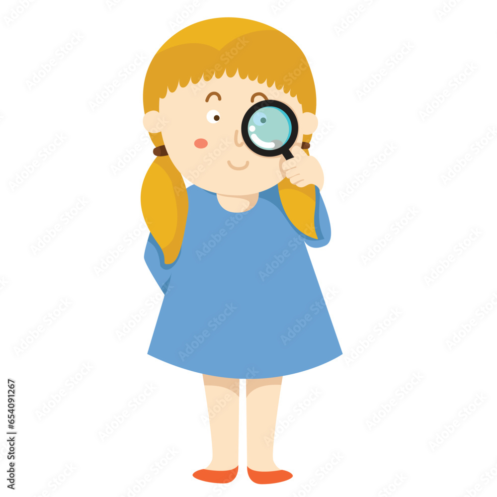 Illustrator of girl and magnifying glass Illustrator of girl and magnifying glass