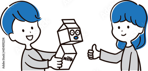 紙パックのロボットで遊ぶ男の子と女の子のイラスト素材