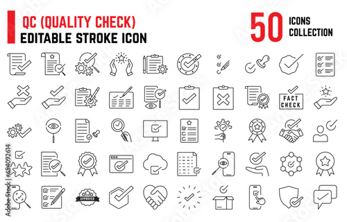 set of icons QC Quality Check editable stroke icons, induces approved, checkmark box tick, check mark, checklist symbols QC mark icons set, tick marking, consistency check, proof reading. Quality Cont