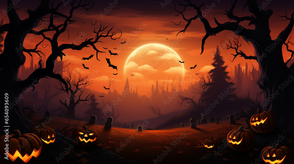 Scary Halloween Night Orange Vertical Background with Trees