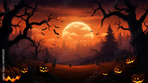 Scary Halloween Night Orange Vertical Background with Trees