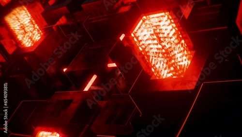 3d render. Futuristic landscape with cubic motion animation with orange light in the darkness with cold neon light.