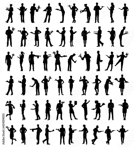 Vector illustration of silhouettes of restaurant staff and waiter's big set.