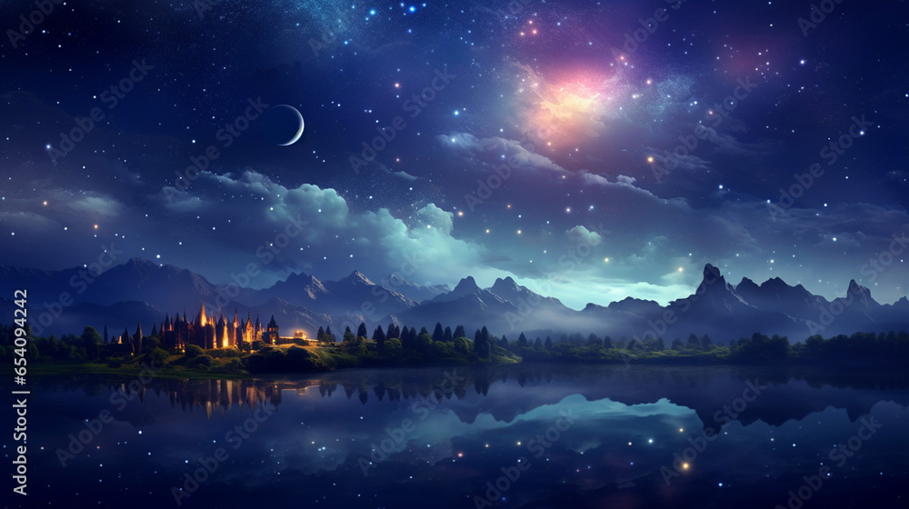 Naklejka premium Fantastic Romantic Moon In Starry Night Over Cloud Halloween Background
