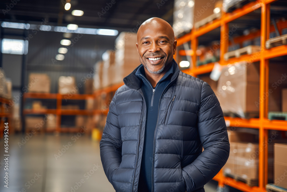 Portrait of a proud African American business owner, standing in warehouse. A concept of success, determination, and leadership in managing an efficient logistics company Portrait of a proud African American business owner, standing in warehouse. A concept of success, determination, and leadership in managing an efficient logistics company