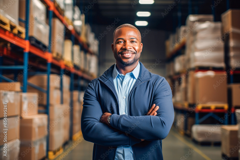 Portrait of a proud African American business owner in suit, standing in warehouse. A concept of success, determination, and leadership Portrait of a proud African American business owner in suit, standing in warehouse. A concept of success, determination, and leadership