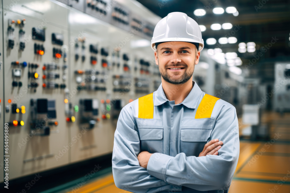 Portrait of proud smiling electrical engineer in front of control panel of power plant Portrait of proud smiling electrical engineer in front of control panel of power plant