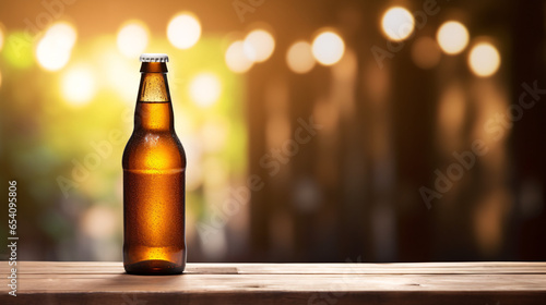 chilled bottle of beer on wooden table without label - bokeh background and copy space - beer bottle mockup