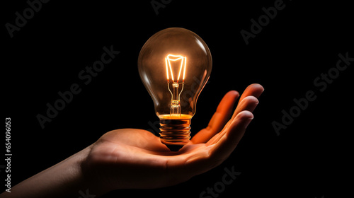 light bulb in hand - hand holding a lit idea bulb isolated on black background