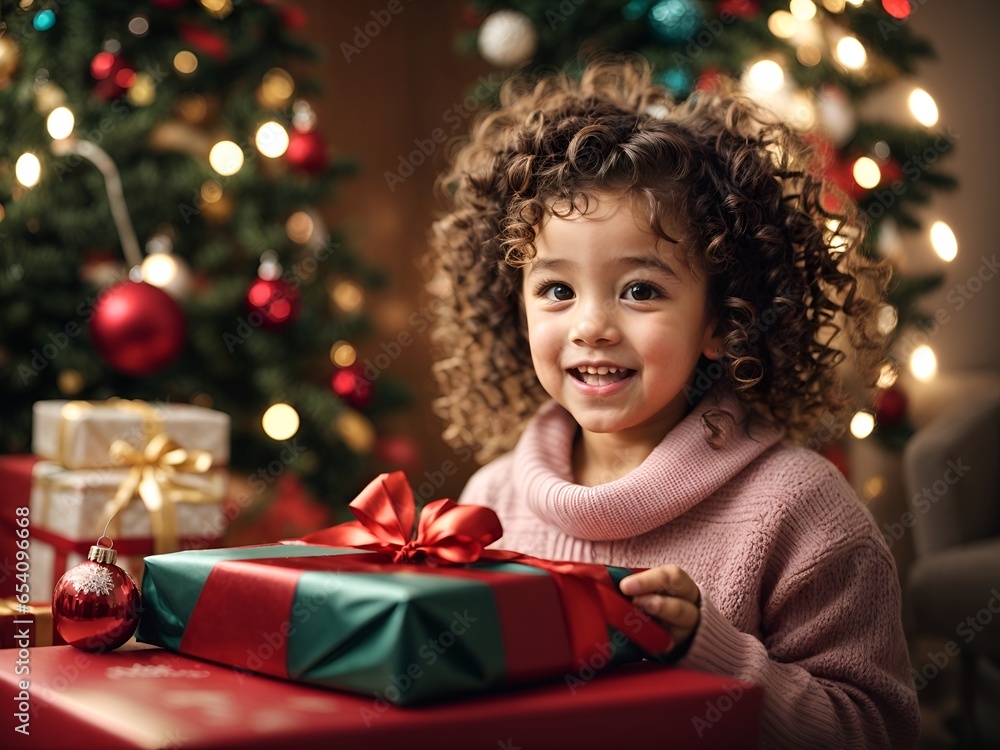 Small cute child holding present gift box with red ribbon, holiday event Small cute child holding present gift box with red ribbon, holiday event
