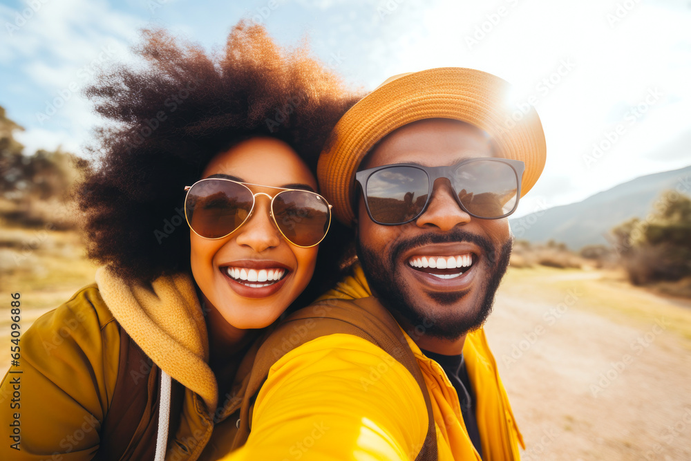 Smiling African American couple making a selfie while on a road trip. Concept of travel, wanderlust and thirst for adventures Smiling African American couple making a selfie while on a road trip. Concept of travel, wanderlust and thirst for adventures