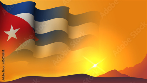 cuba waving flag background design on sunset view vector illustration