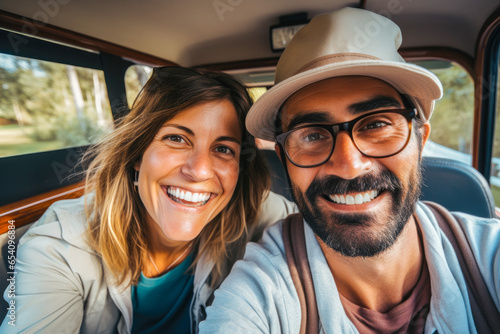 Happy smiling couple making a selfie while on a road trip. Concept of travel, wanderlust and thirst for adventures © MVProductions