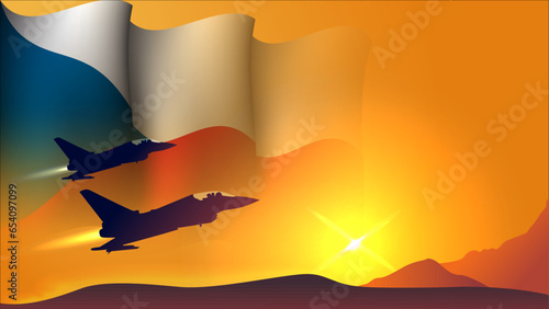 fighter jet plane with czech republic waving flag background design with sunset view suitable for national czech republic air forces day event